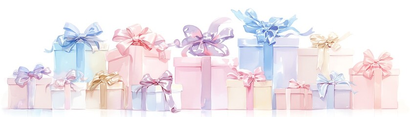 Watercolor clipart of a stack of gift boxes in pastel shades, each tied with a silky ribbon, arranged in a whimsical pile, single object design, isolated on white background for a soft and inviting ap