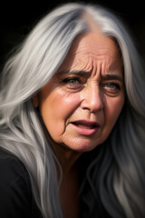 Portrait of an old woman with gray hair, expressive eyes, and wrinkles on her face