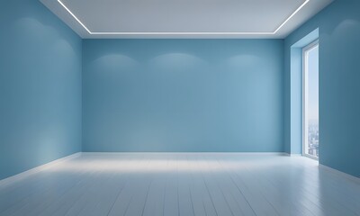 A light blue wall in the interior with beautiful built-in lighting and a smooth floor.