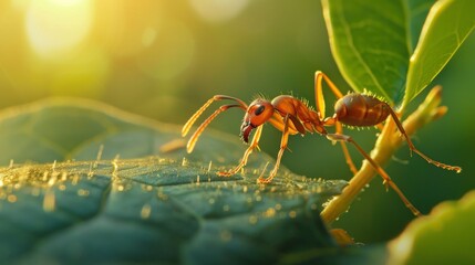 frame photograph of an ant on a leaf with blurred background in high resolution