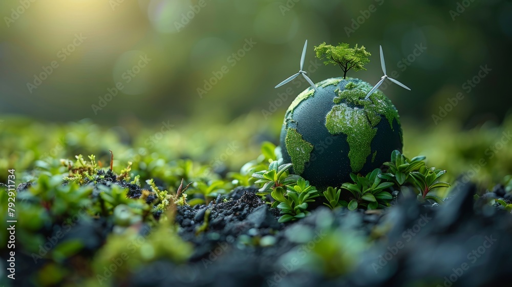 Aufkleber conceptual illustration of a globe with windmills and turbines for earth day or environment day