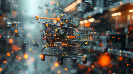 Witness the future unfold in this captivating depiction of a futuristic technology retail warehouse, where AI generative processes redefine efficiency and innovation. - obrazy, fototapety, plakaty