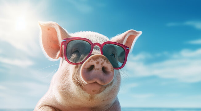 Cool pig with pink sunglasses on a bright Summer day; background image