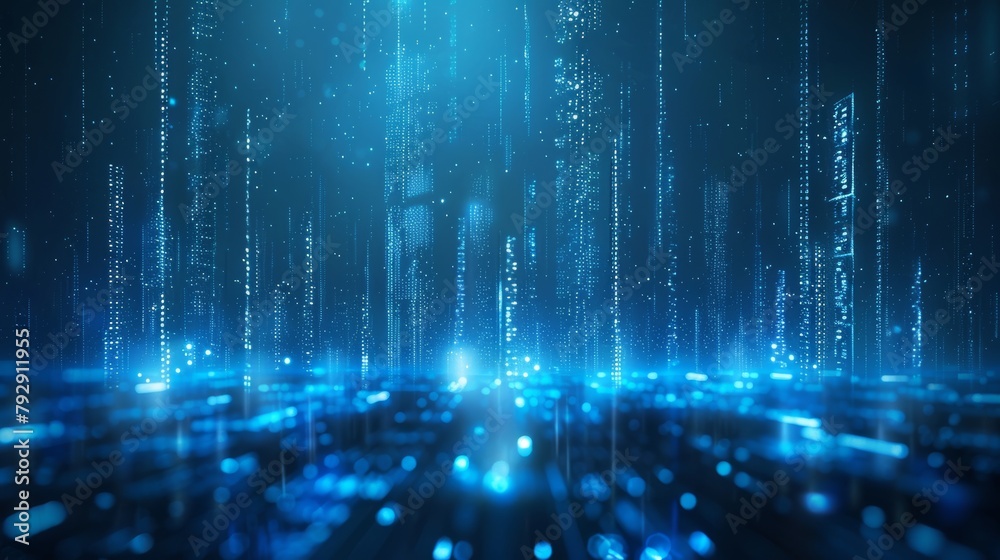 Poster Digital building in matrix style; binary city of blue light; abstract technological background,
