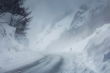 A mountain road disappears under the thick veil of a blizzard - with snow piling up swiftly - rendering the path nearly impassable