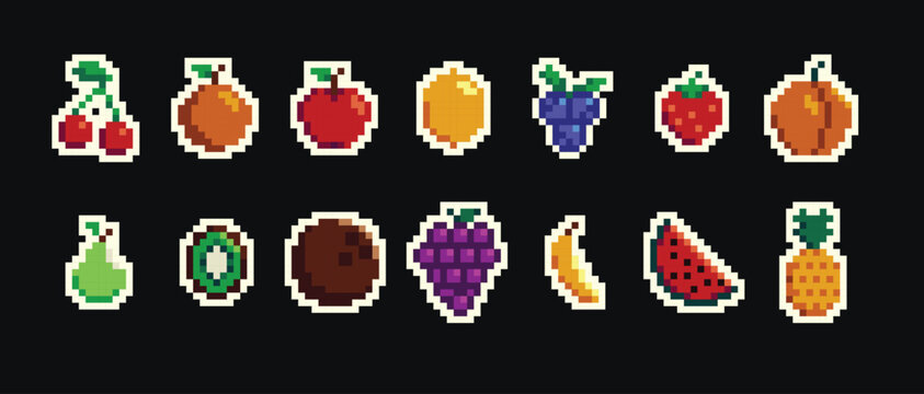 Retro pixel art food isolated icons with 8bit pixel fruits and vegetables. Vintage 8 bit console game asset, computer arcade vector items set with berries and exotic fruits