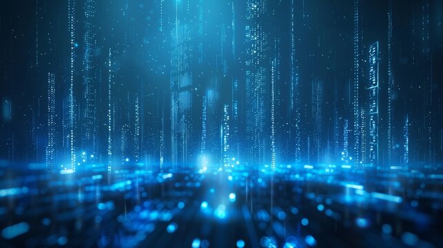 Digital building in matrix style; binary city of blue light; abstract technological background,