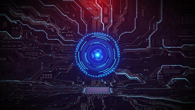 Intelligent CPU processing big data circuit network UI. AI deep Machine Learning. artificial intelligence AI. Data flow on a Motherboard Circuit Background Technology. cloud computing, processing.