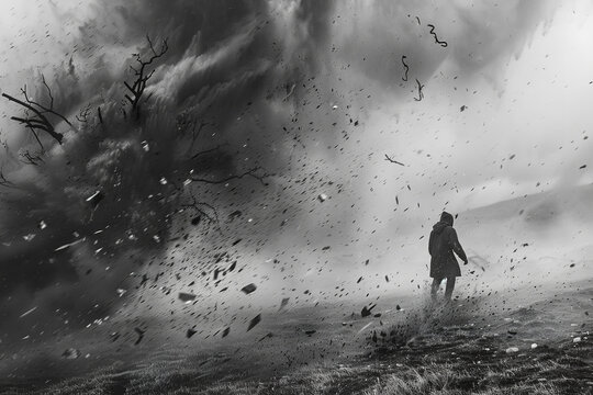 A lone figure battles against a fierce windstorm - struggling to maintain footing as debris whirls chaotically around