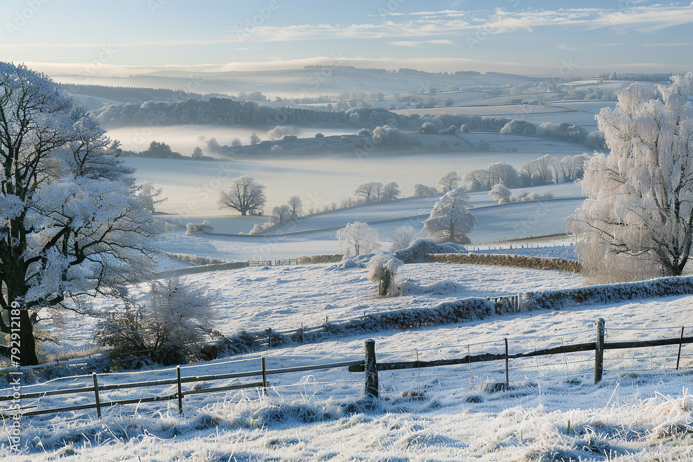 Poster Early morning frost clings to a rural landscape - turning the scenery into a stunning but cold panoramic view