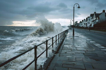 A storm surge flooding a coastal promenade - obrazy, fototapety, plakaty