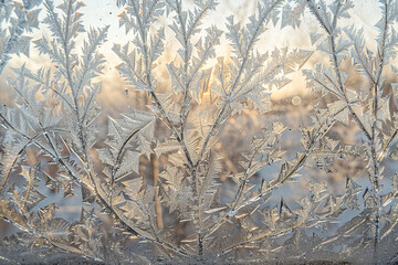 Obraz premium Frost forms intricate patterns on a windowpane during an early winter morning - the cold air crafting a mesmerizing natural artwork