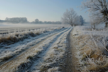 Early morning frost covering a rural landscape