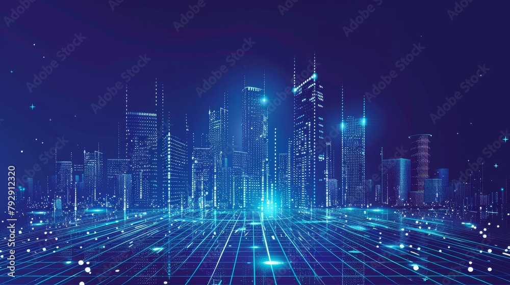 Fototapete The concept of a technology-based binary city; a modern-style digital building; an abstract representation of technology