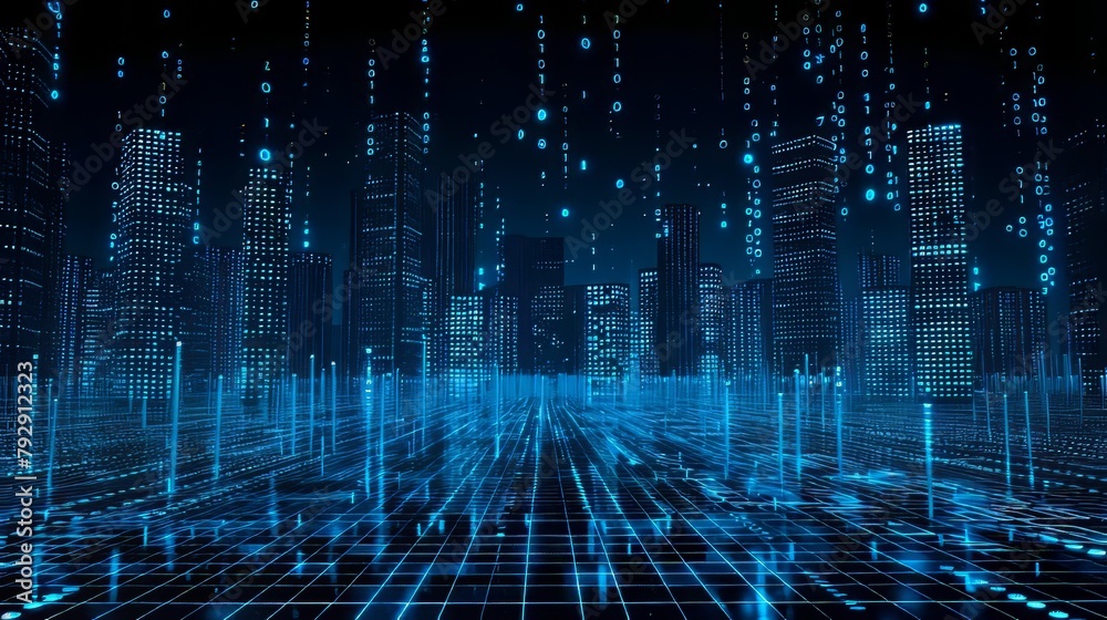 Fototapete binary technology city in abstract style; modern building of technology; technology world concept