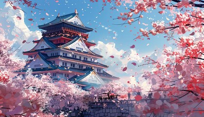 A geometric abstract of Osaka Castle, with cherry blossoms adding organic curves to the composition, simplicity in contrast