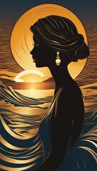 Abstract portrait of a woman silhouette against sunset and ocean.