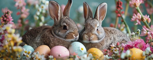Fototapeta na wymiar Cute bunnies and vibrant Easter eggs among pastel spring flowers