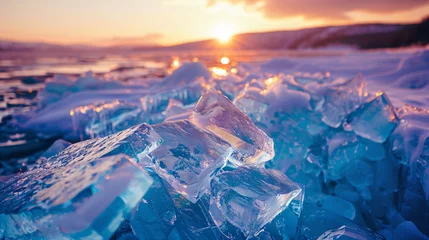 Foto op Aluminium Blue transparent ice floes on Baikal lake at sunset.  © Hassan