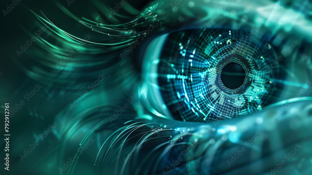 Poster The abstract futuristic technology eye is in a dark blue-green tone, which could be used as an indicator of cyber security or biometric data