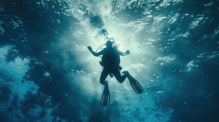Underwater photographer videographer scuba dives in the sea. underwater photography and videography...