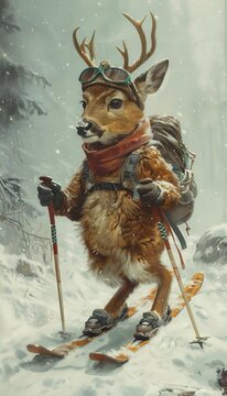 A deer in crosscountry ski attire, gracefully navigating snowy terrain, endurance personified