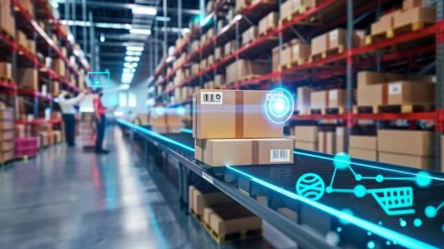 Step into the future of retail with this image showcasing a futuristic technology warehouse driven by AI generative innovation.