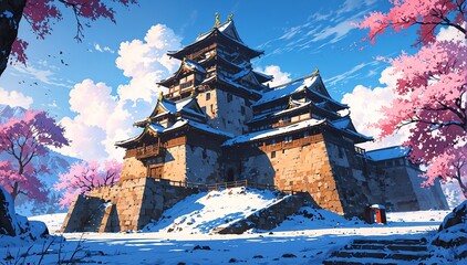 Obraz premium japanese castle at winter in landscape anime cartoon illustration from Generative AI