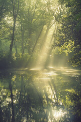 Fototapeta na wymiar A tranquil landscape photograph depicting a peaceful scene of nature, with soft sunlight filtering through the trees and reflecting off a calm body of water. 