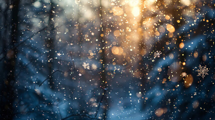 Blurred snowflakes in morning light in winter forest.