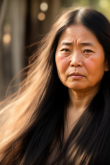 Portrait of an old tai woman with long dark hair, bathed in sunlight, and a contemplative gaze.