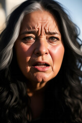 Portrait of worried elderly woman with deep wrinkles and gray hair expressing concern and anxiety.