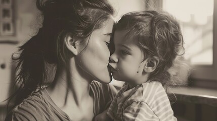 Fototapeta premium Mom comforting her child after a scrape, a kiss making everything better