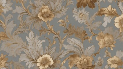 Extravagant Platinum Elegance, Velvet Silk adorned with Floral Motifs, Gold Detailing, and an Opulent Abstract Wallpaper