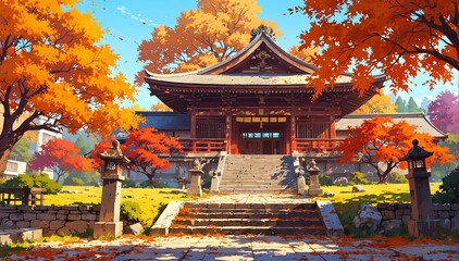 japanese temple in autumn in landscape anime cartoon illustration from Generative AI