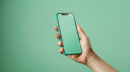 Immerse yourself in the digital oasis of connectivity with this AI generative depiction, showcasing a hand holding a phone against a refreshing green background.