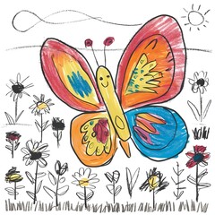 Buterfly and flowers in the garden drawing with crayons by children