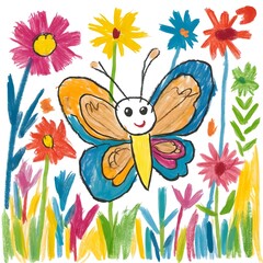 Illustration of buterfly in the garden drawing with crayons by children