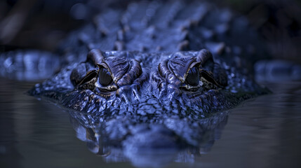 Obraz premium Experience the intensity of the wild with an extreme close-up shot capturing a crocodile lurking in the murky waters. This dramatic image zeroes in on the crocodile's menacing eyes and powerful jaws