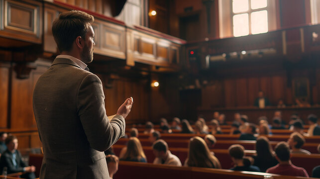 A man speaking to an audience in a courtroom