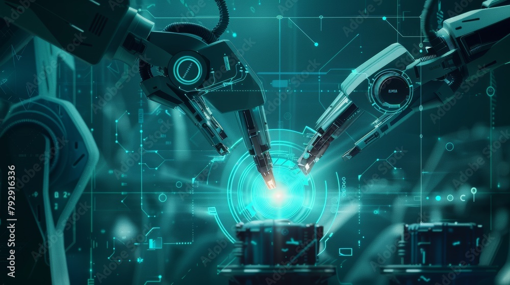 Poster UI monitoring system software with low polygon hand check and control welding robotics automatic arms in intelligent factory automotive industrial.