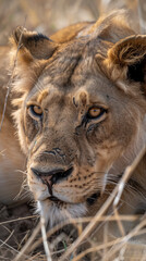 Immerse yourself in the untamed beauty of the savannah with an extreme close-up shot capturing a lioness in a moment of serene repose. This captivating image zooms in on the lioness, highlighting her 