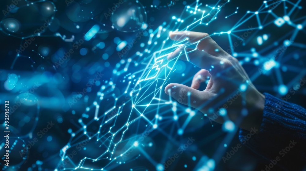 Poster A hand-touched network of telecommunication and wireless mobile internet technology with 5G LTE data connection for global business, fintech, and blockchain issues.