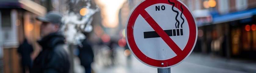 A close up of a no smoking sign with a blurred street scene in the background