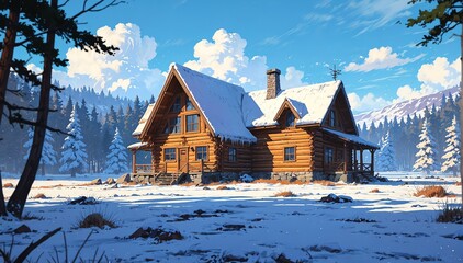 log cabin house winter in landscape anime cartoon illustration from Generative AI