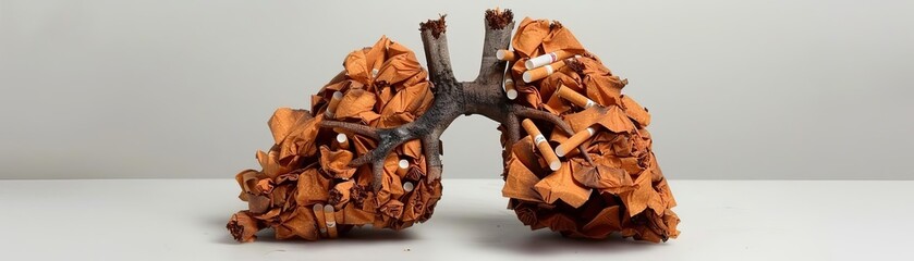 A pair of damaged human lungs made from cigarette butts and ash
