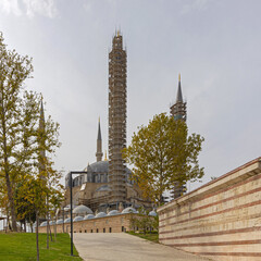 Minarets and Selimiye Mosque Covered With Scaffolding During Renovation Edirne Turkey