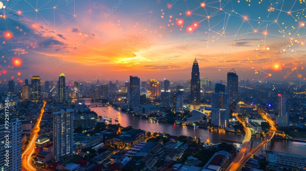 Aufkleber Abstract Bangkok city background in panorama view of wireless network and connection technology