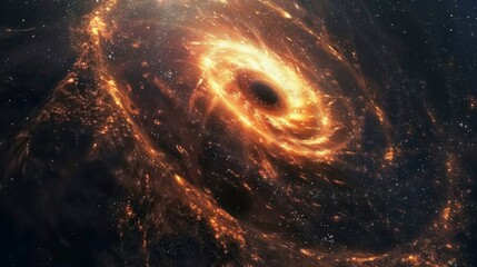 A distant spiral galaxy with a black hole in the center bright color, ultra realistic