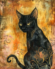 Vintage Black Cat Background in Distressed Grunge Style